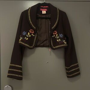 HOT KISS Cropped Brown Embroidered Jacket